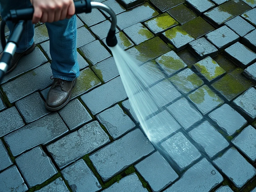 Mężczyzna używa myjki ciśnieniowej do usuwania mchu z kostki brukowej, ukazując efekt czyszczenia nawierzchni.