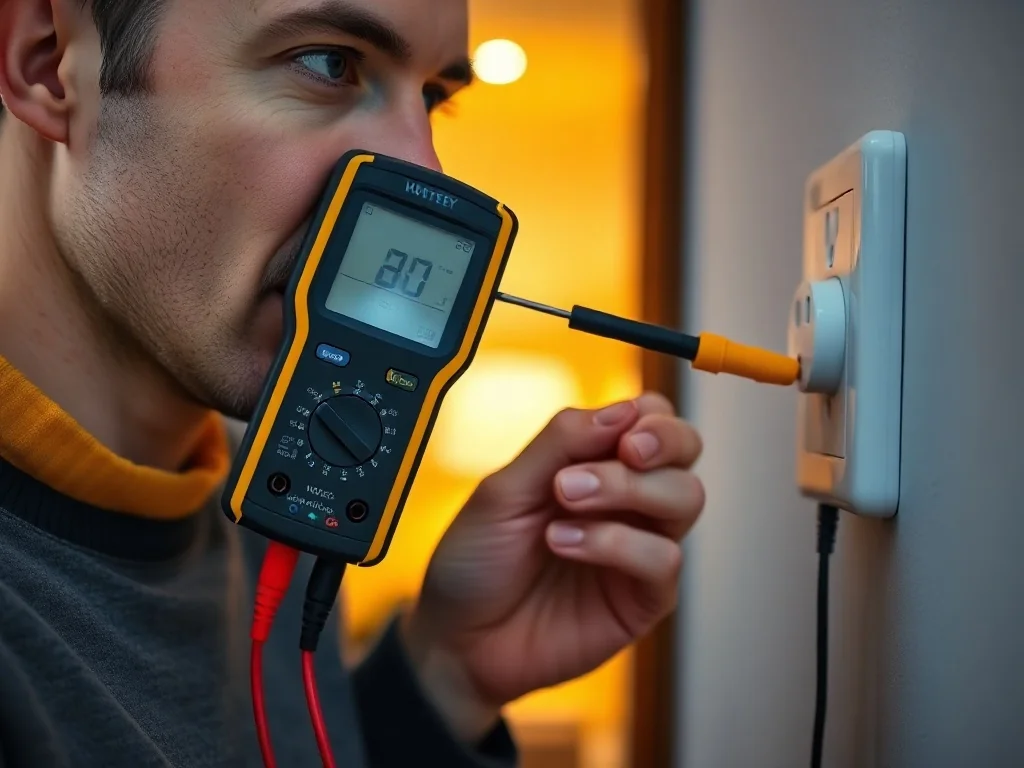 Mężczyzna mierzy napięcie w gniazdku elektrycznym za pomocą multimetru cyfrowego.