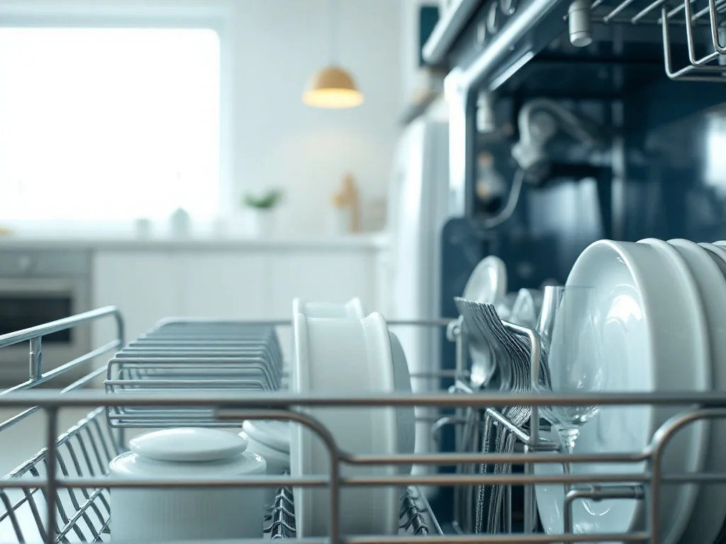 Wnętrze nowoczesnej zmywarki Whirlpool z czystymi, lśniącymi naczyniami i sztućcami ułożonymi w stalowych koszach.
